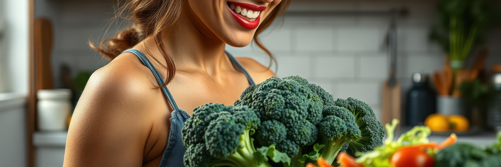 Woman smiling while holding fresh vegetables in a kitchen setting, preparing for a healthy meal